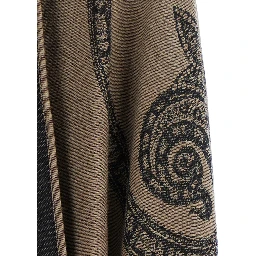 Brown Hooded Cape with All-Over Paisley Motif in Wool for Women
