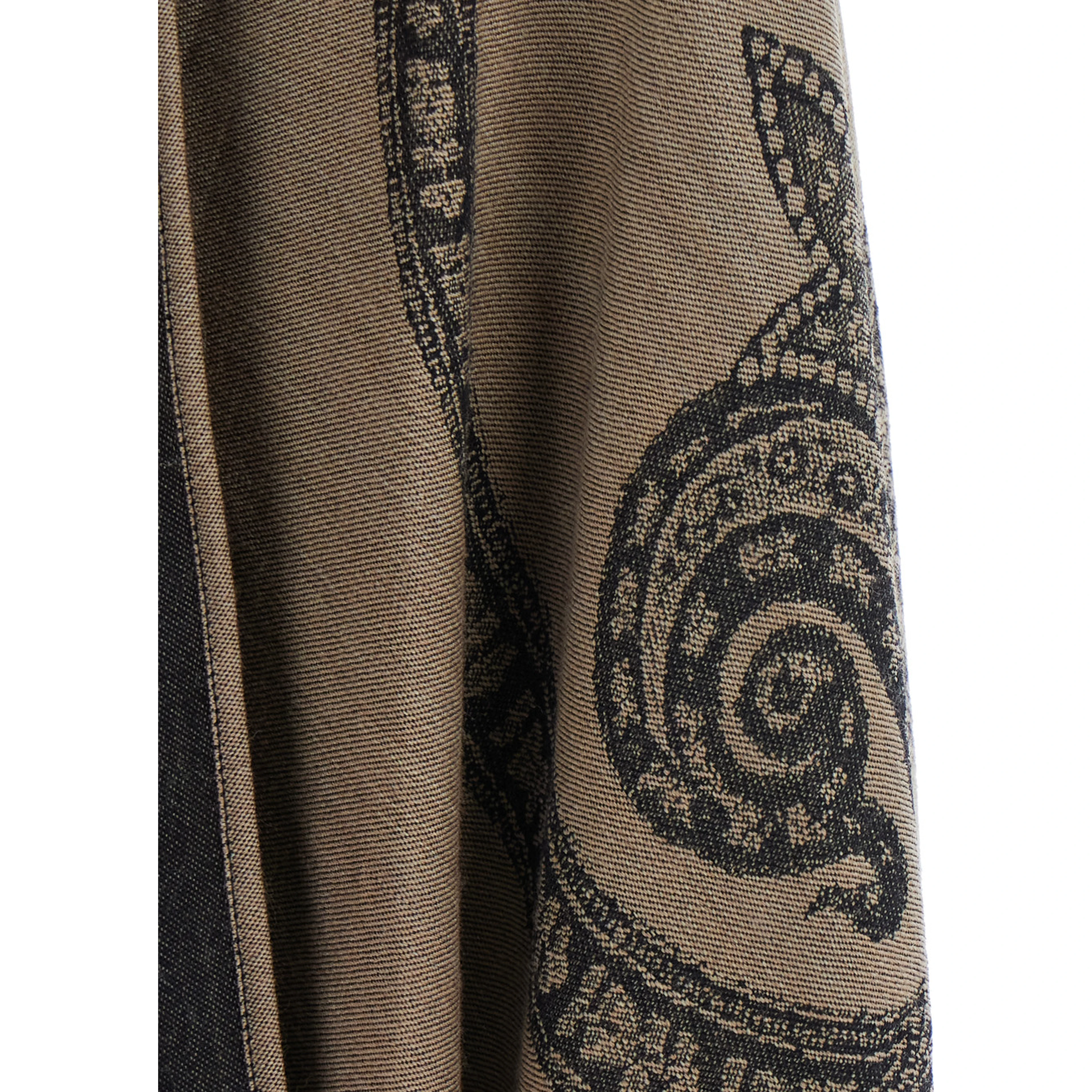 Brown Hooded Cape with All-Over Paisley Motif in Wool for Women