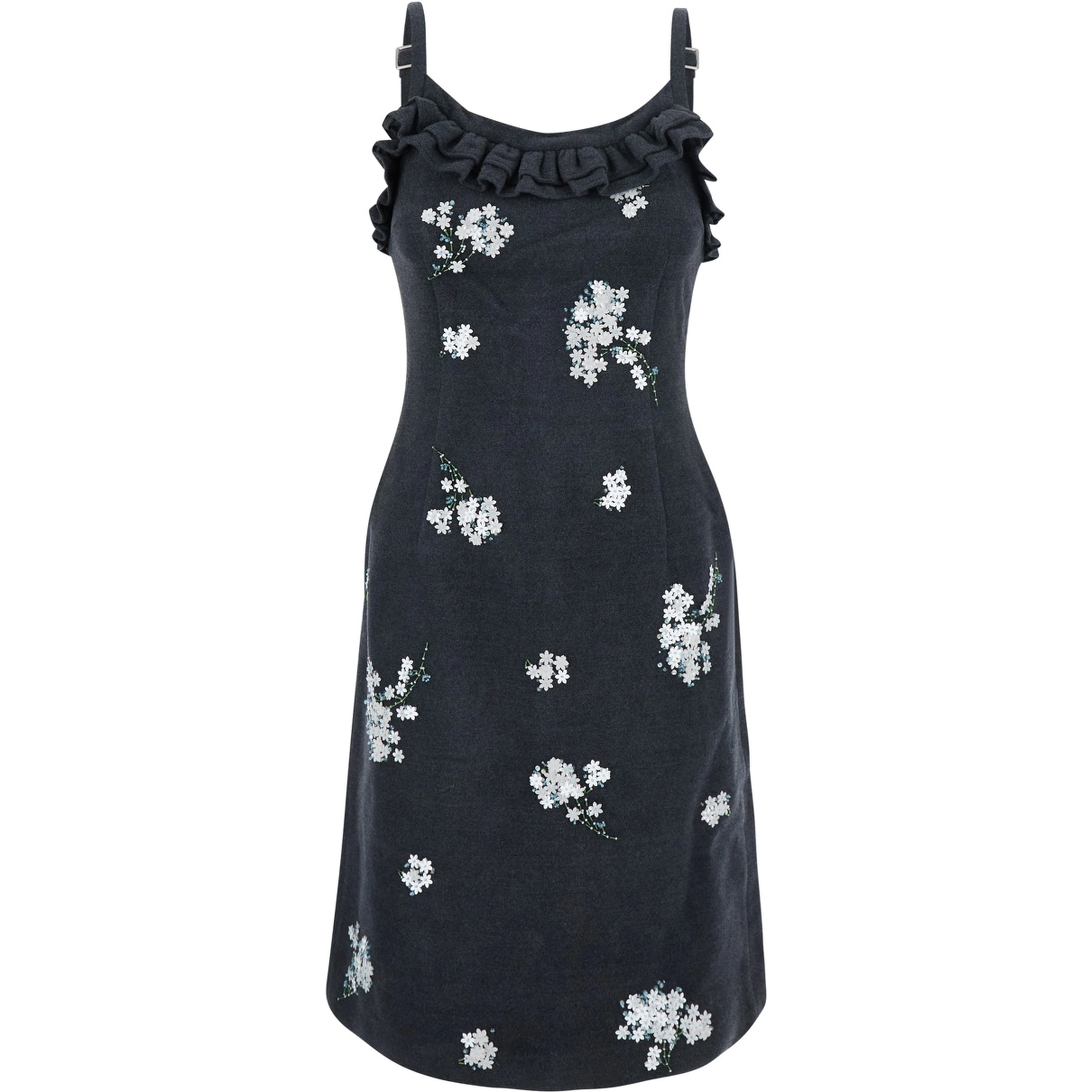 Cami grey Dress with all-over floral application in wool for women