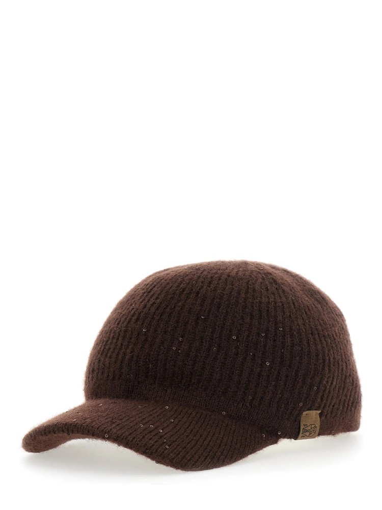 brown cap with all-over applied sequins in cashmere and silk Women
