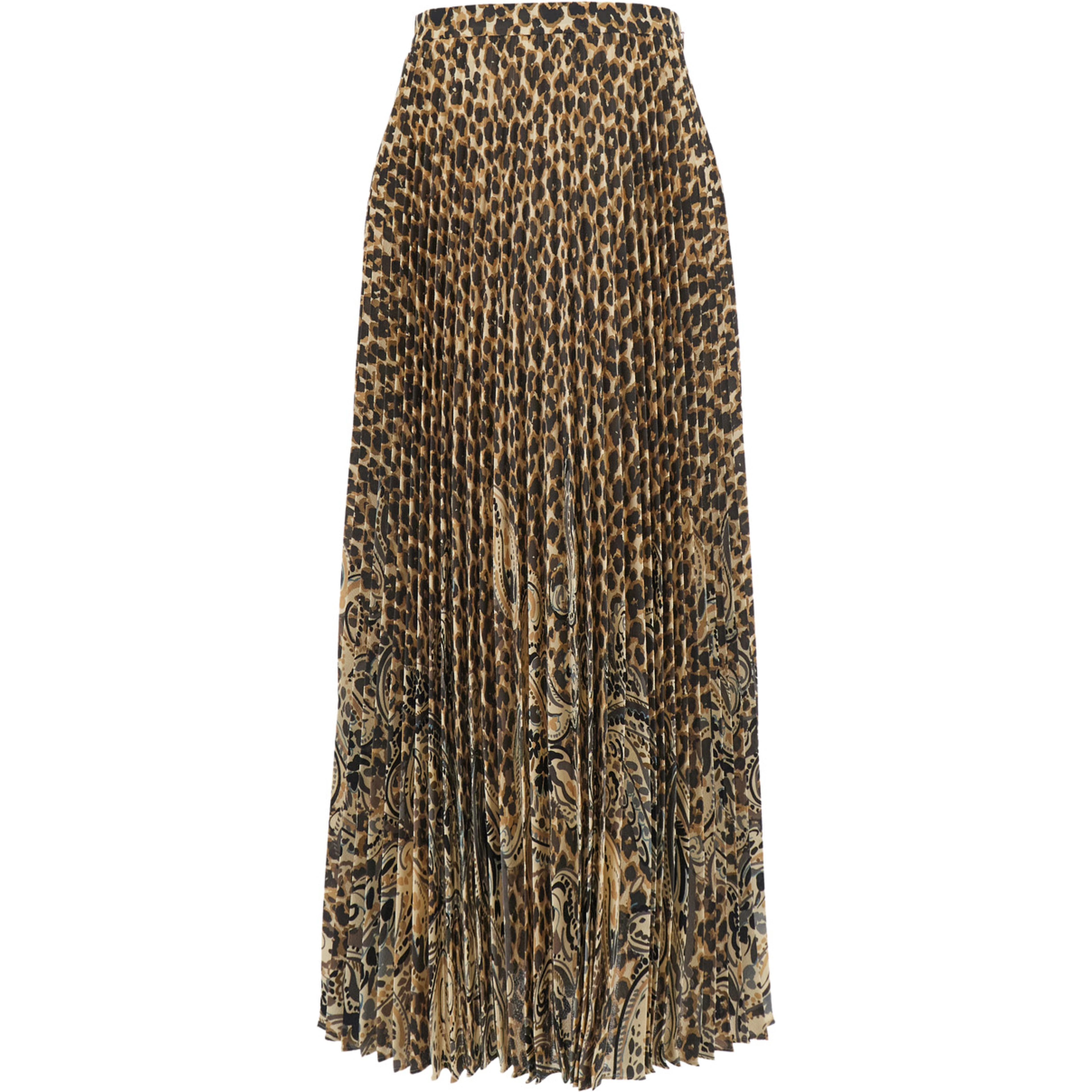 Brown High-Waisted Midi Skirt with All-Over Leopard Motif in Tech Fabric Women