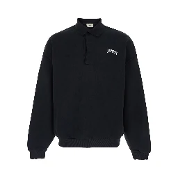 Black Polo Collar Sweatshirt with Front Logo in Cotton for Men