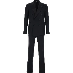 Black Double-breasted Suit with Peak Revers in Wool for Men