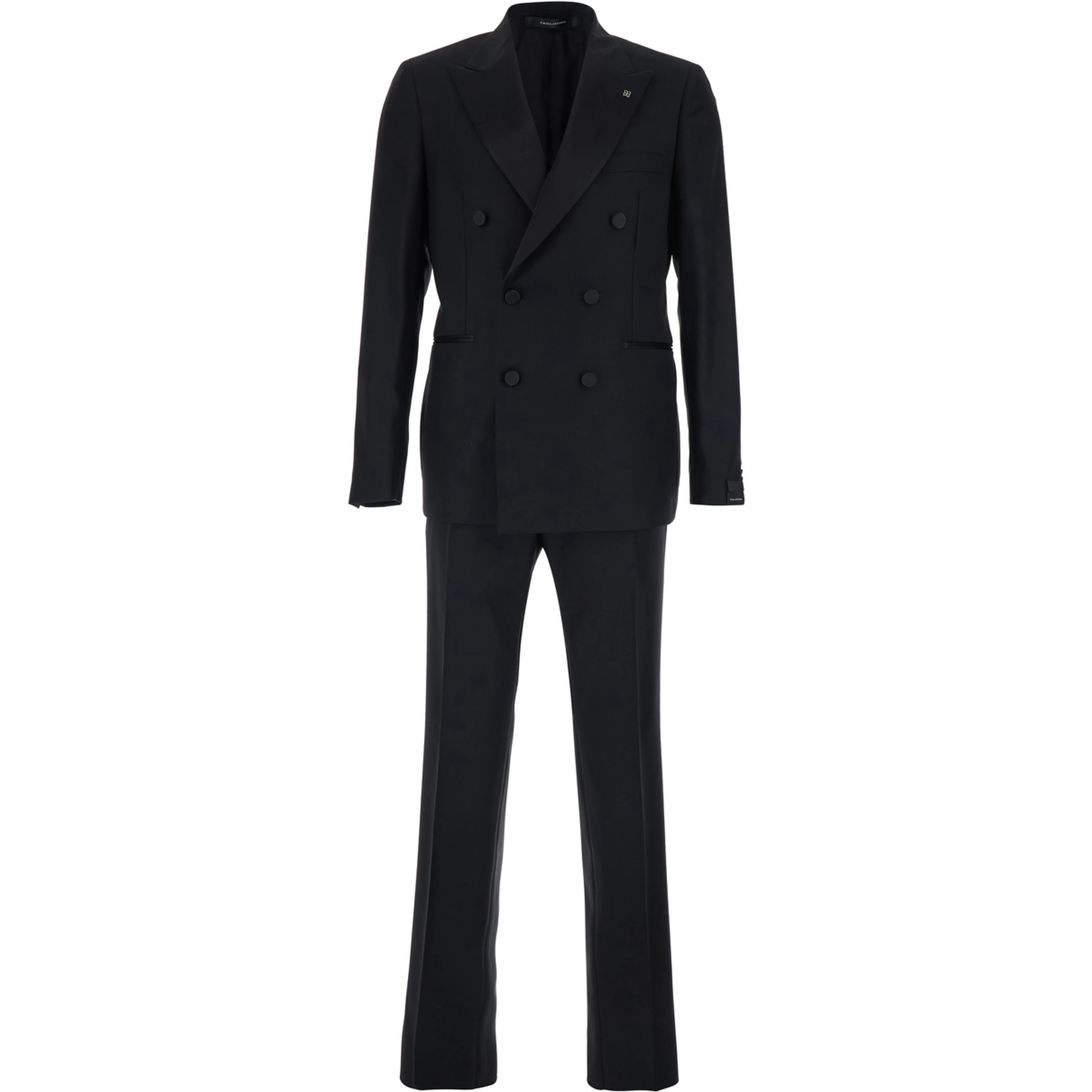 Black Double-breasted Suit with Peak Revers in Wool for Men