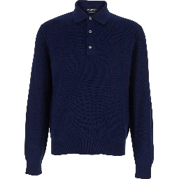Blue Polo Shirt with Classic Collar and Front Button Closure in Silk and Cotton Blend for Men