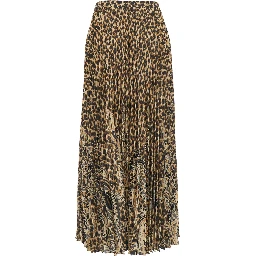 Brown High-Waisted Midi Skirt with All-Over Leopard Motif in Tech Fabric Women