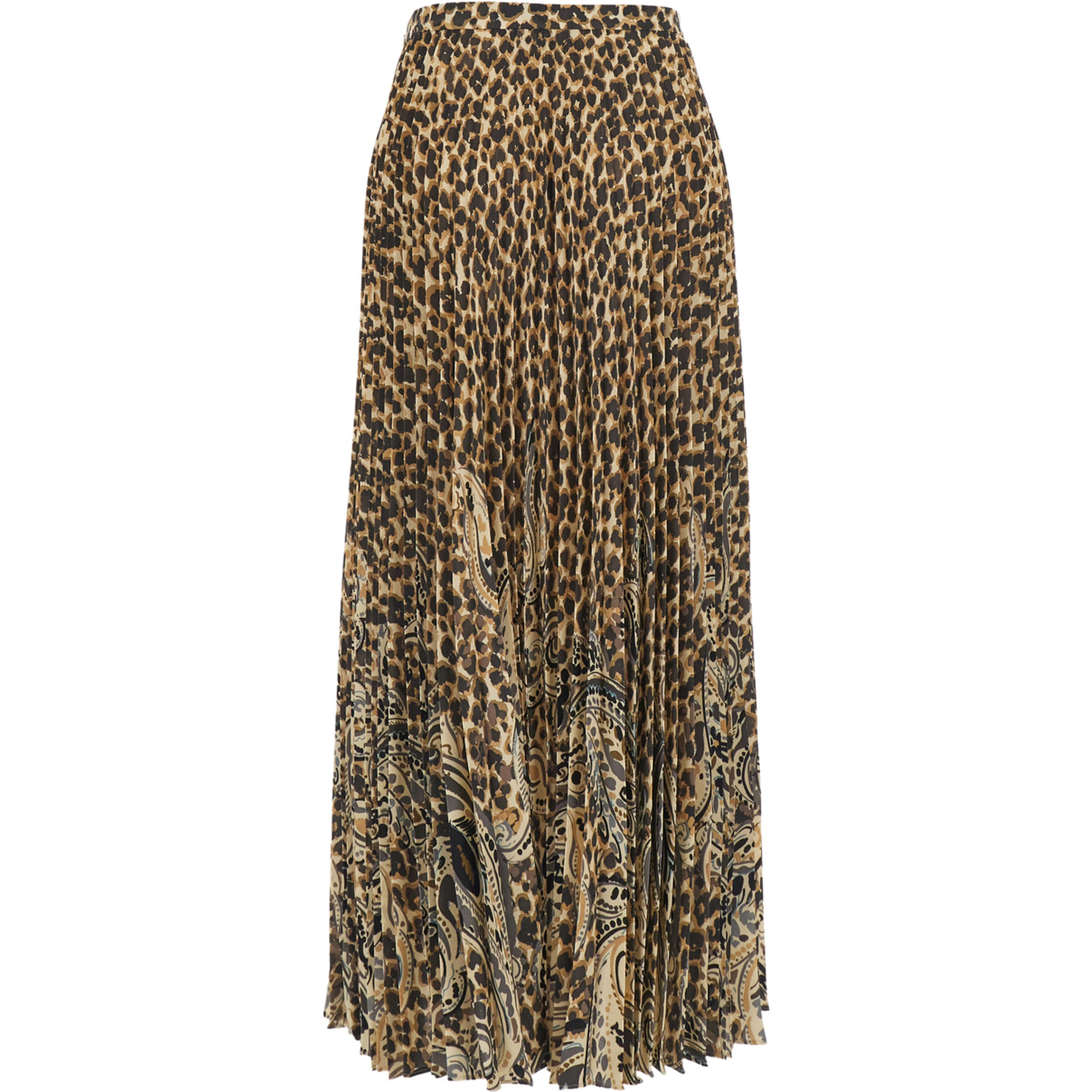 Brown High-Waisted Midi Skirt with All-Over Leopard Motif in Tech Fabric Women