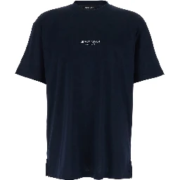 Blue Crew-neck T-shirt with raised collar and logo on the front in cotton man