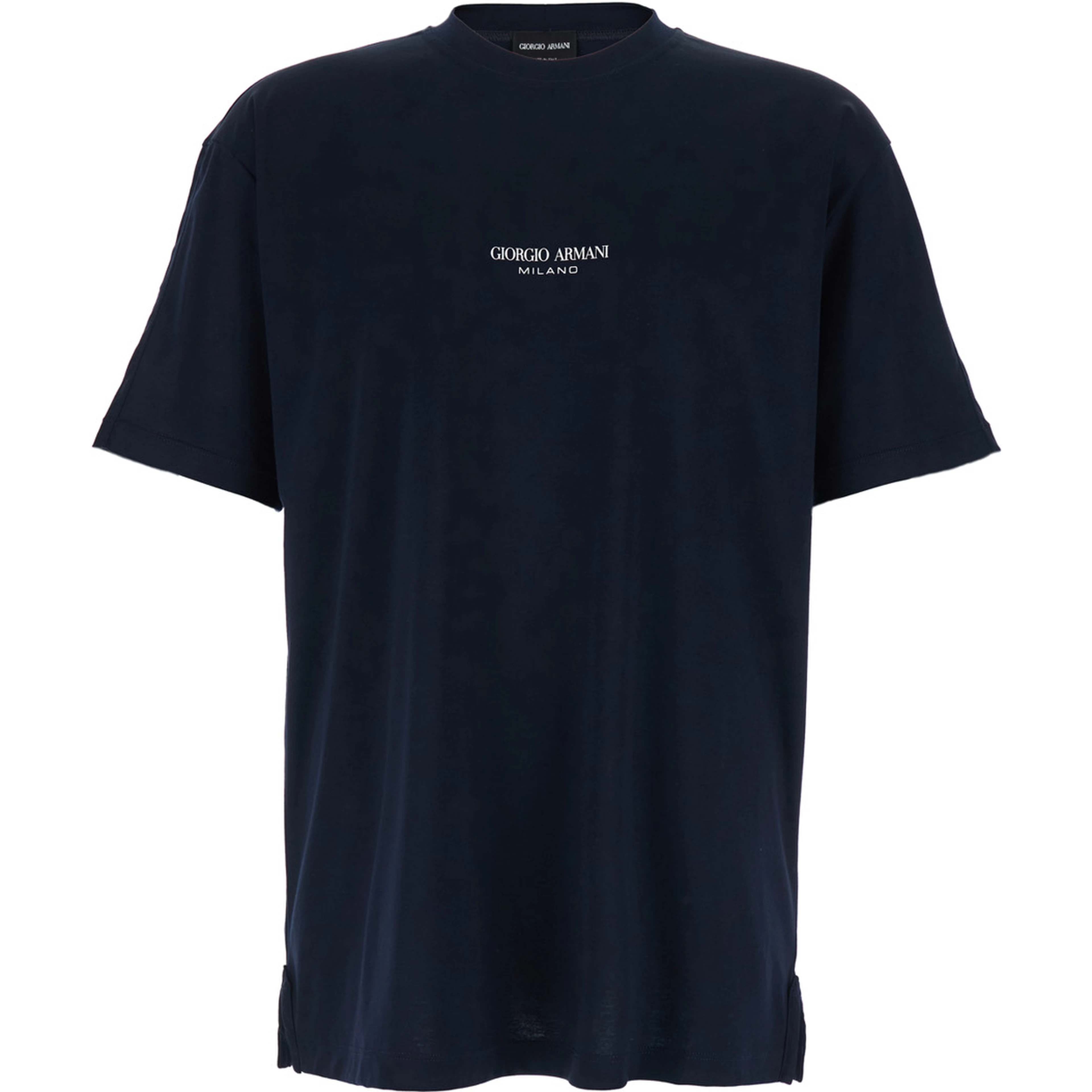 Blue Crew-neck T-shirt with raised collar and logo on the front in cotton man