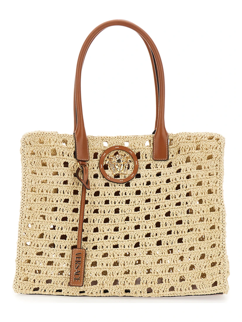 La Medusa Beige Tote bag with Medusa Logo Plate and Removable Logo Pendant in Raffia for Women