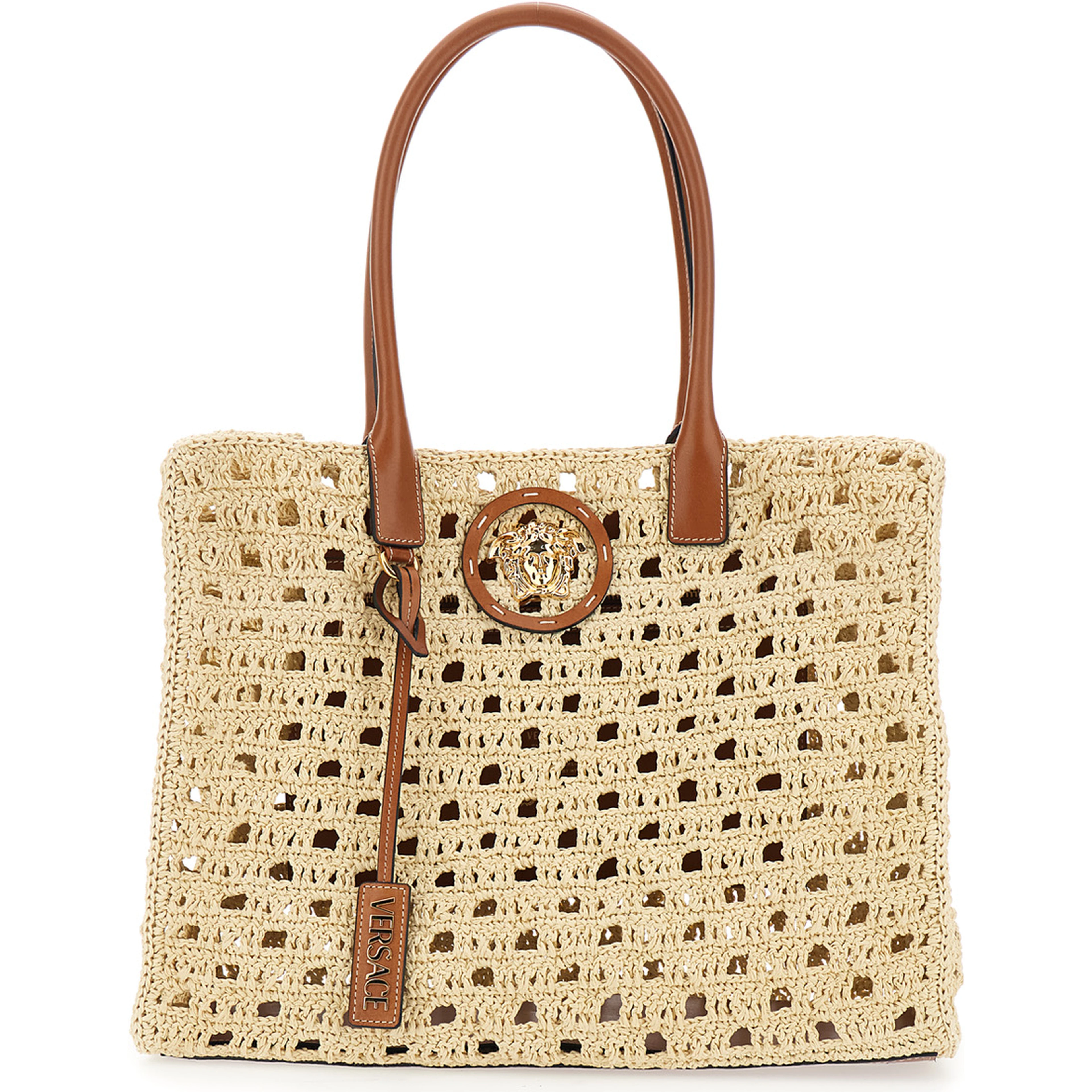 La Medusa Beige Tote bag with Medusa Logo Plate and Removable Logo Pendant in Raffia for Women