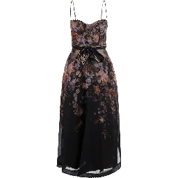 Valiant black Dress with Spaghetti straps and all-over floral print in linen and silk blend for women