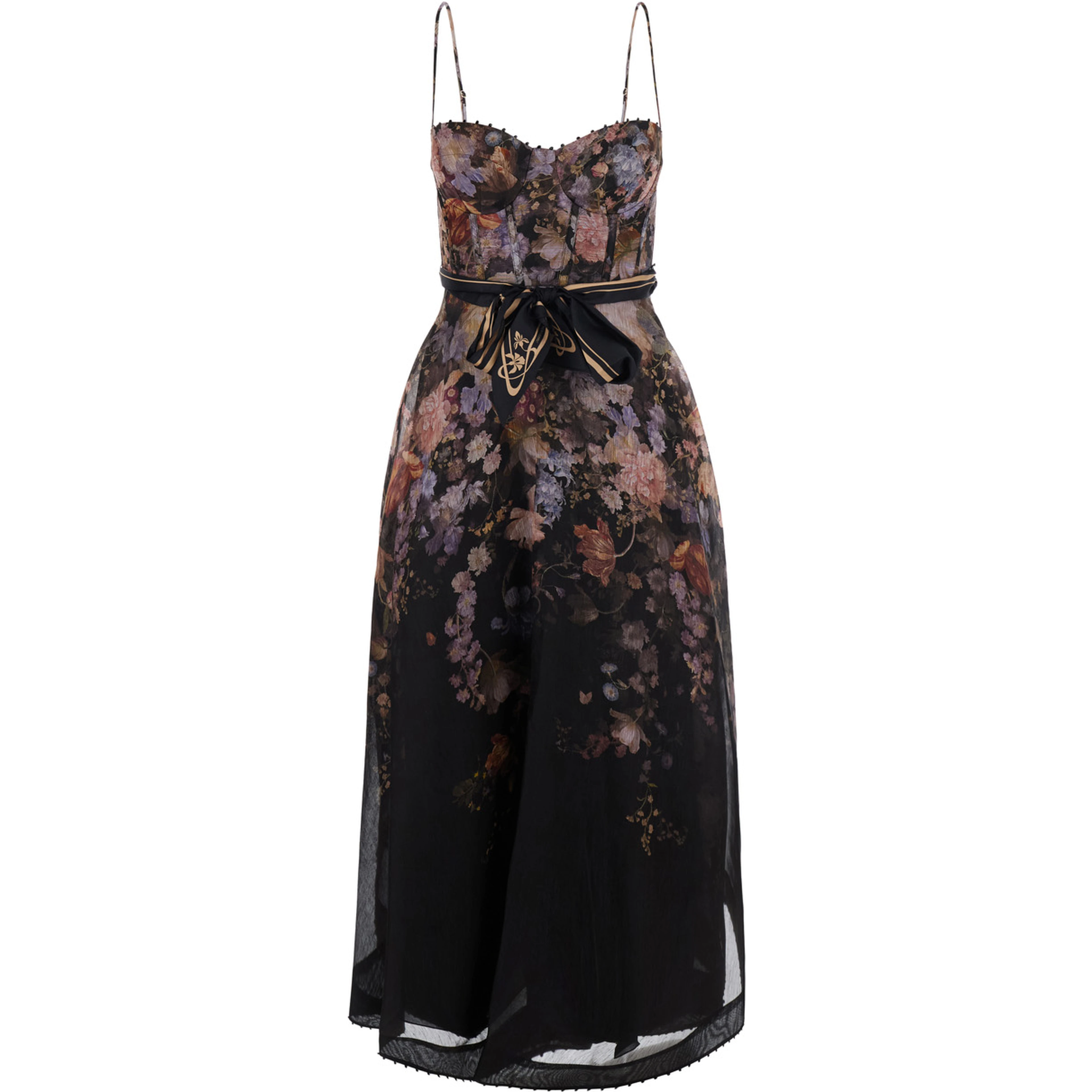 Valiant black Dress with Spaghetti straps and all-over floral print in linen and silk blend for women