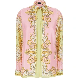 Shirt with Pointed Collar and All-Over Baroque Print in Multicolor Silk for Women