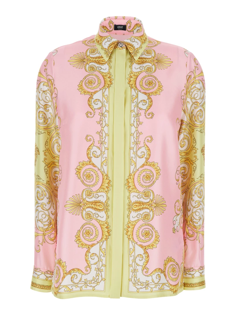 Shirt with Pointed Collar and All-Over Baroque Print in Multicolor Silk for Women