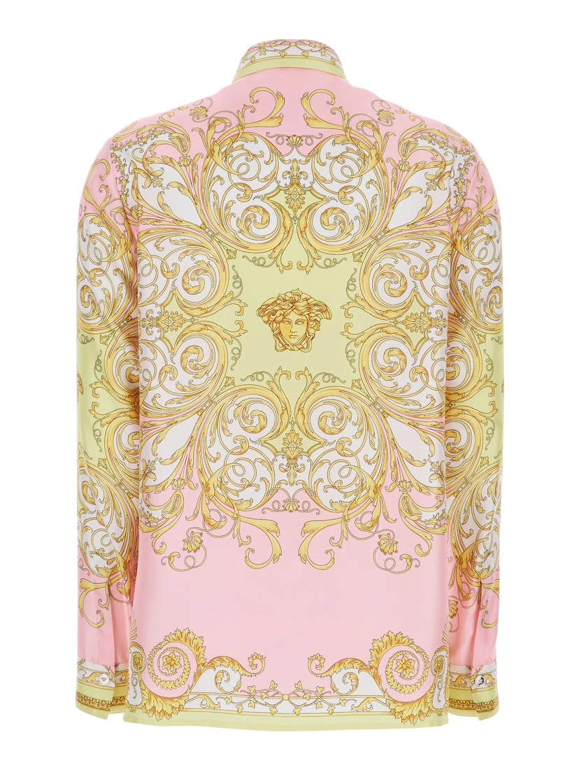 Shirt with Pointed Collar and All-Over Baroque Print in Multicolor Silk for Women