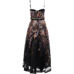 Valiant black Dress with Spaghetti straps and all-over floral print in linen and silk blend for women