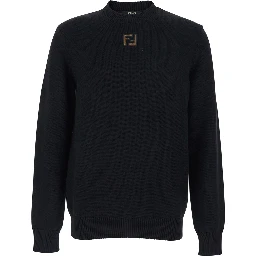 Black Crewneck Sweater with FF Embroidery on the Front in Wool for Men
