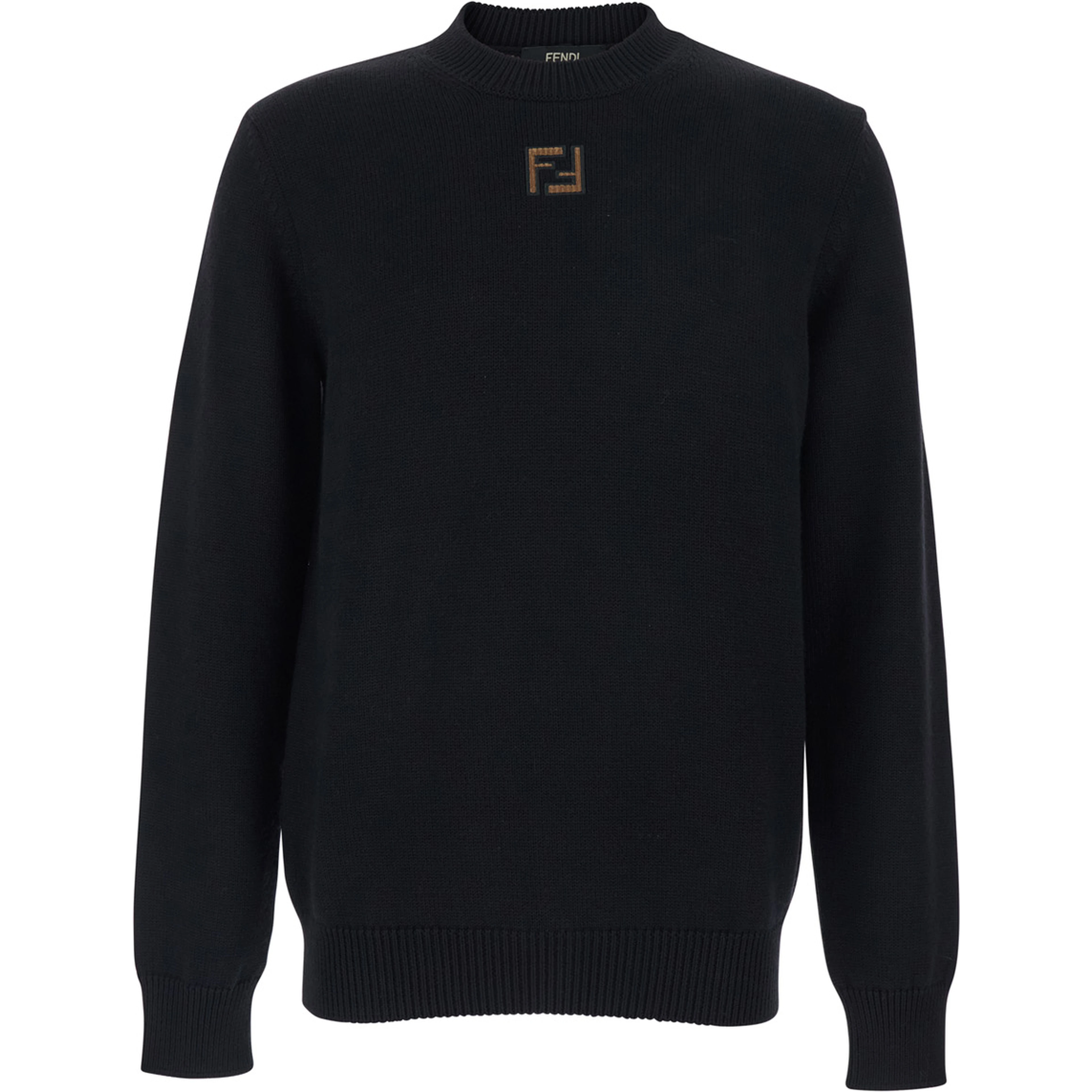 Black Crewneck Sweater with FF Embroidery on the Front in Wool for Men