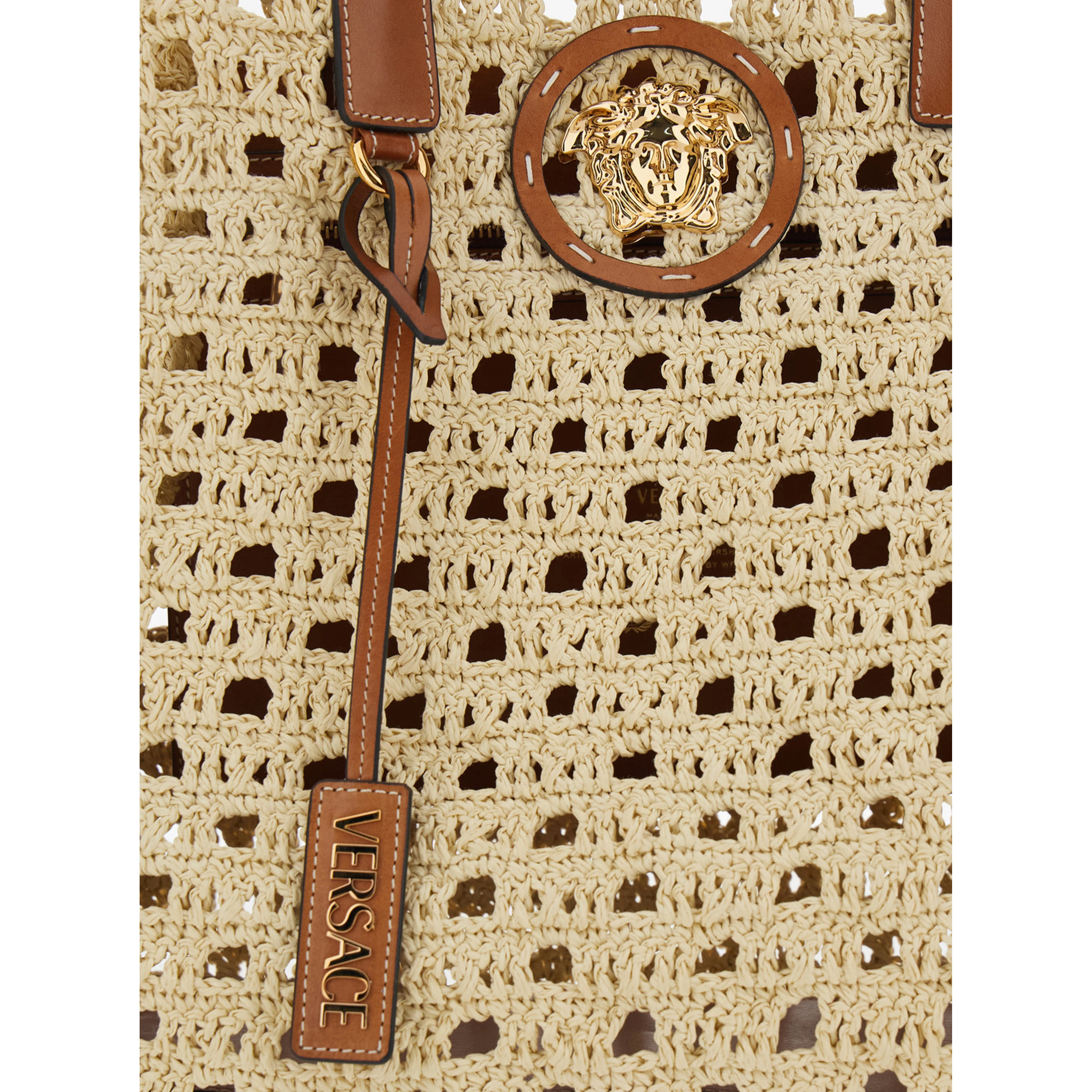 La Medusa Beige Tote bag with Medusa Logo Plate and Removable Logo Pendant in Raffia for Women
