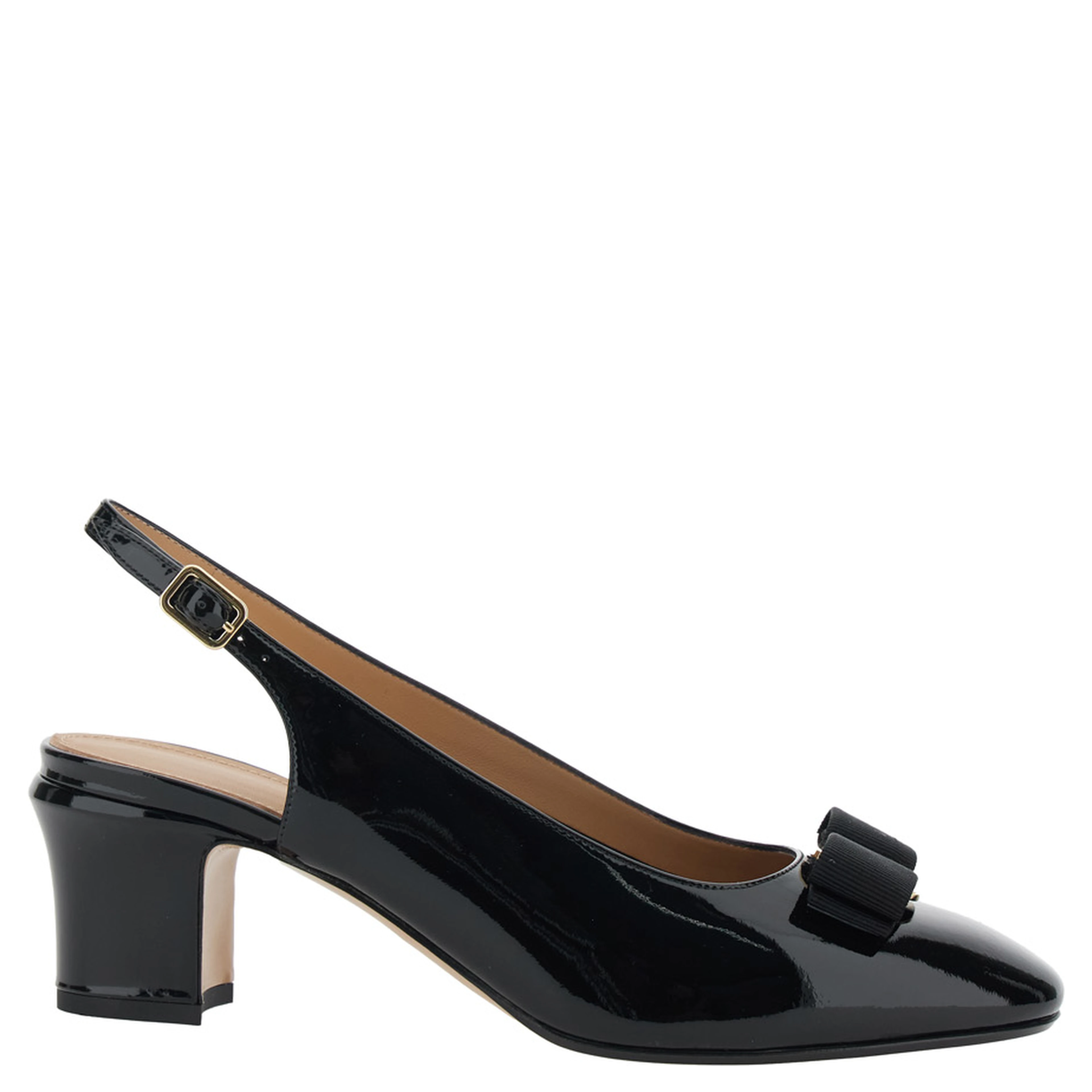 Vetty Black Pumps with Logo Plate on the Front and Low Block Heel in Leather Woman