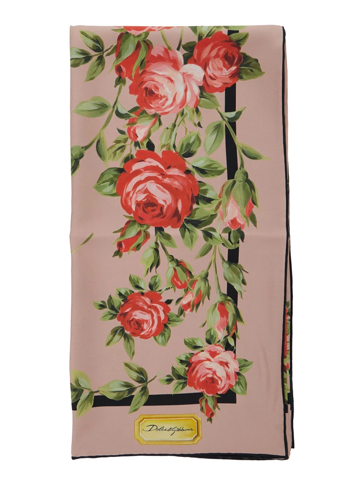 Multicolor Square Silk Scarf with Logo on the Front and Floral All-Over Motif for Women