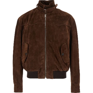Brown Suede Jacket with Collar, Strap and T Detail on the Back for Men