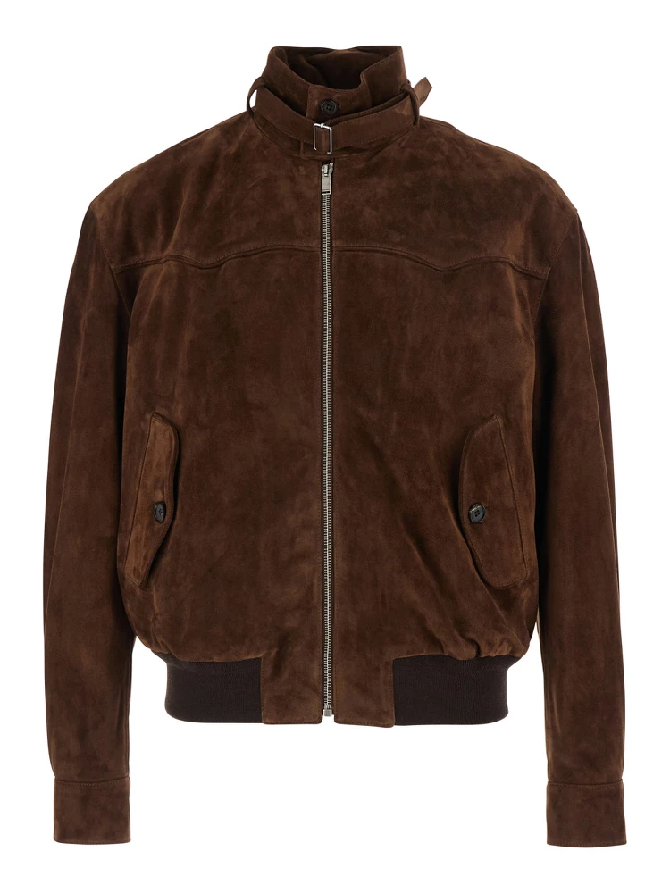 Brown Suede Jacket with Collar, Strap and T Detail on the Back for Men