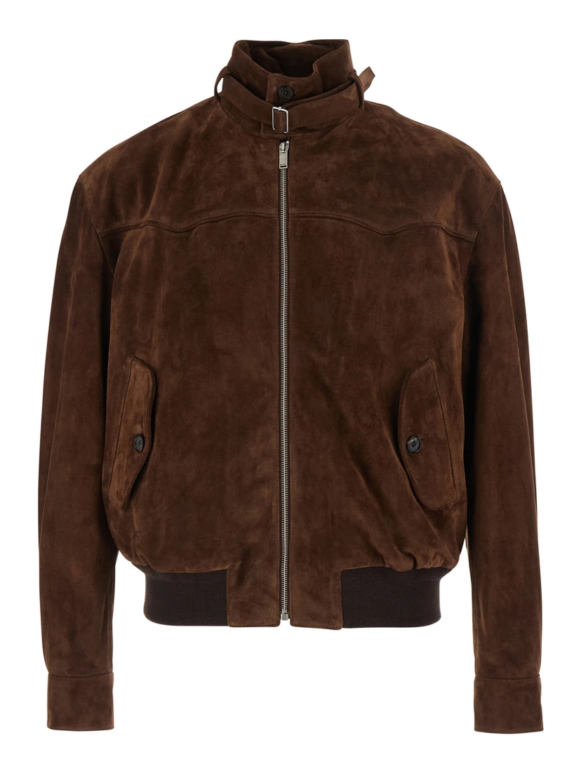 Brown Suede Jacket with Collar, Strap and T Detail on the Back for Men