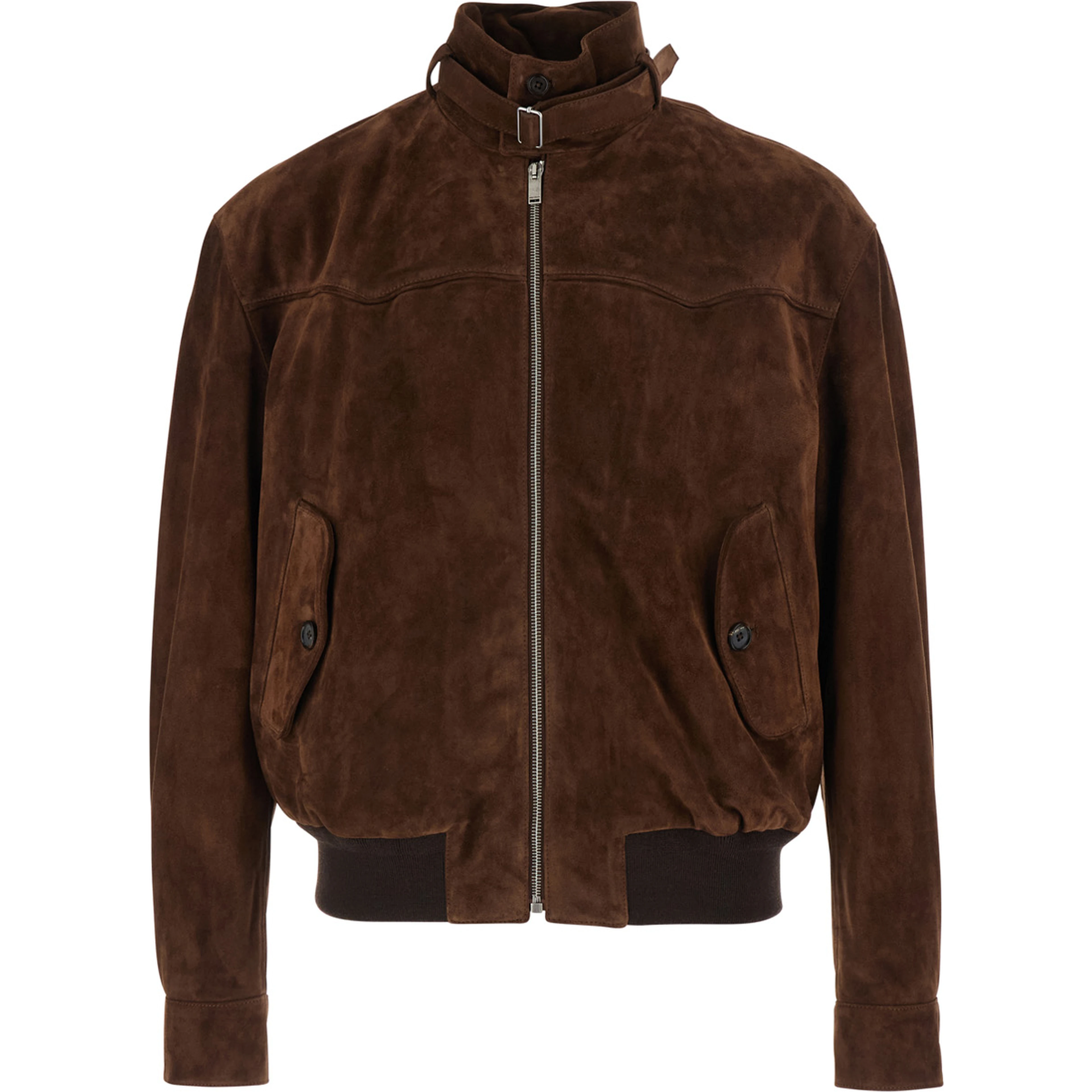 Brown Suede Jacket with Collar, Strap and T Detail on the Back for Men