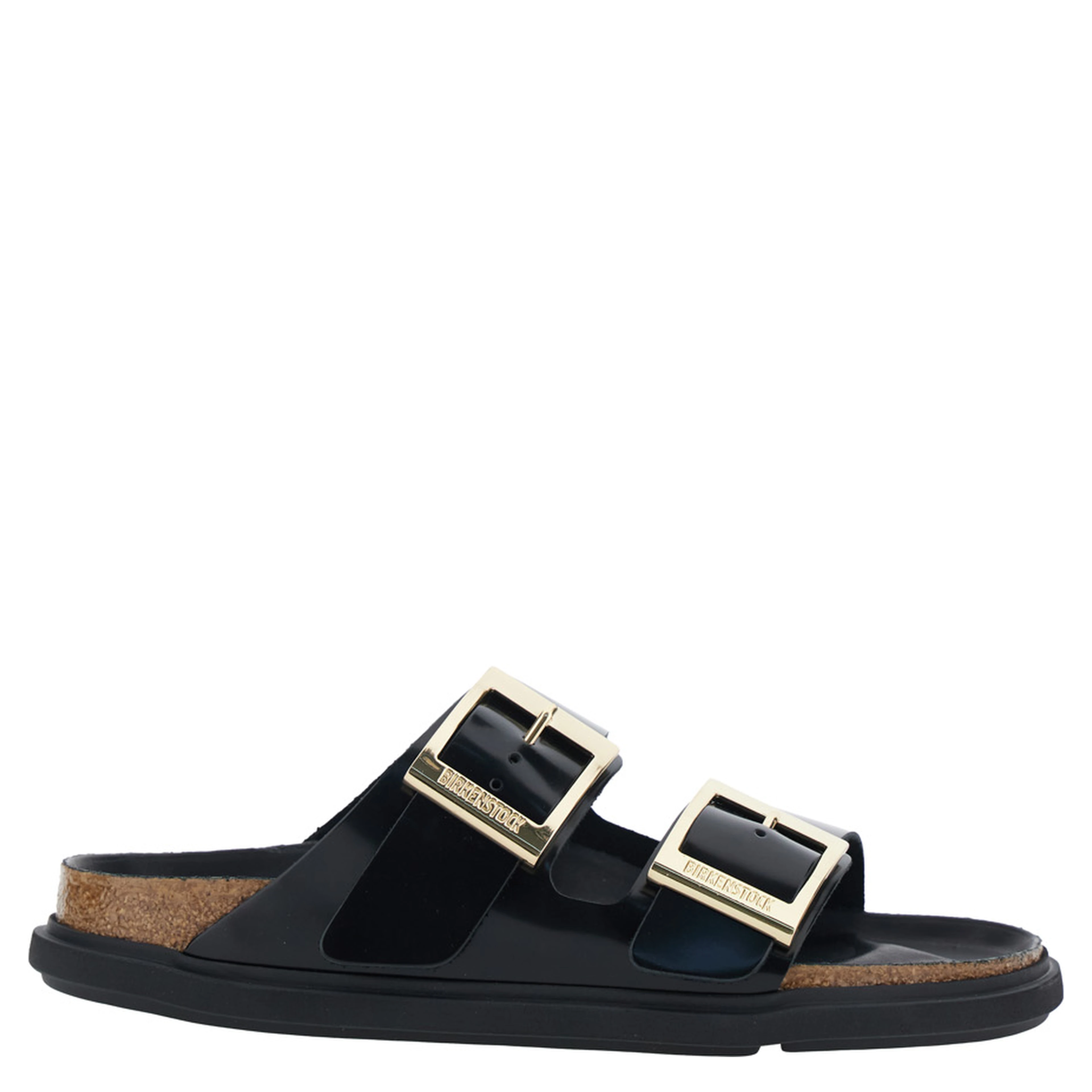 Black Arizona Sandals with Rounded Toe and Buckle Closure in Leather for Women