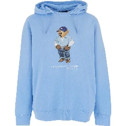 Light Blue Hoodie with Fixed Hood and Bear Logo on the Front in Cotton for Men