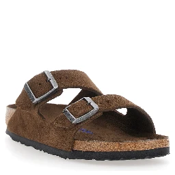Arizona Brown Sandals with Rounded Toe and Buckle Closure in Suede for Women