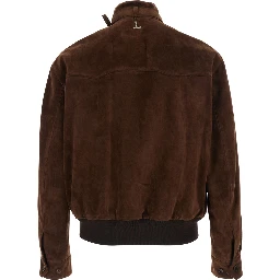 Brown Suede Jacket with Collar, Strap and T Detail on the Back for Men
