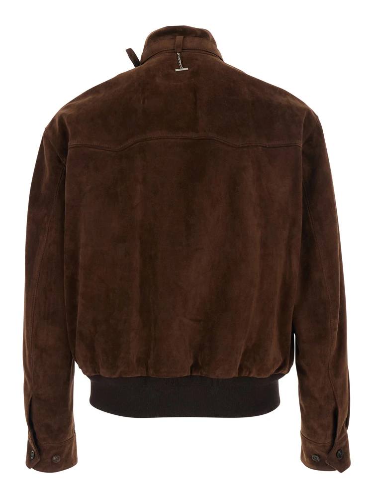 Brown Suede Jacket with Collar, Strap and T Detail on the Back for Men alternative