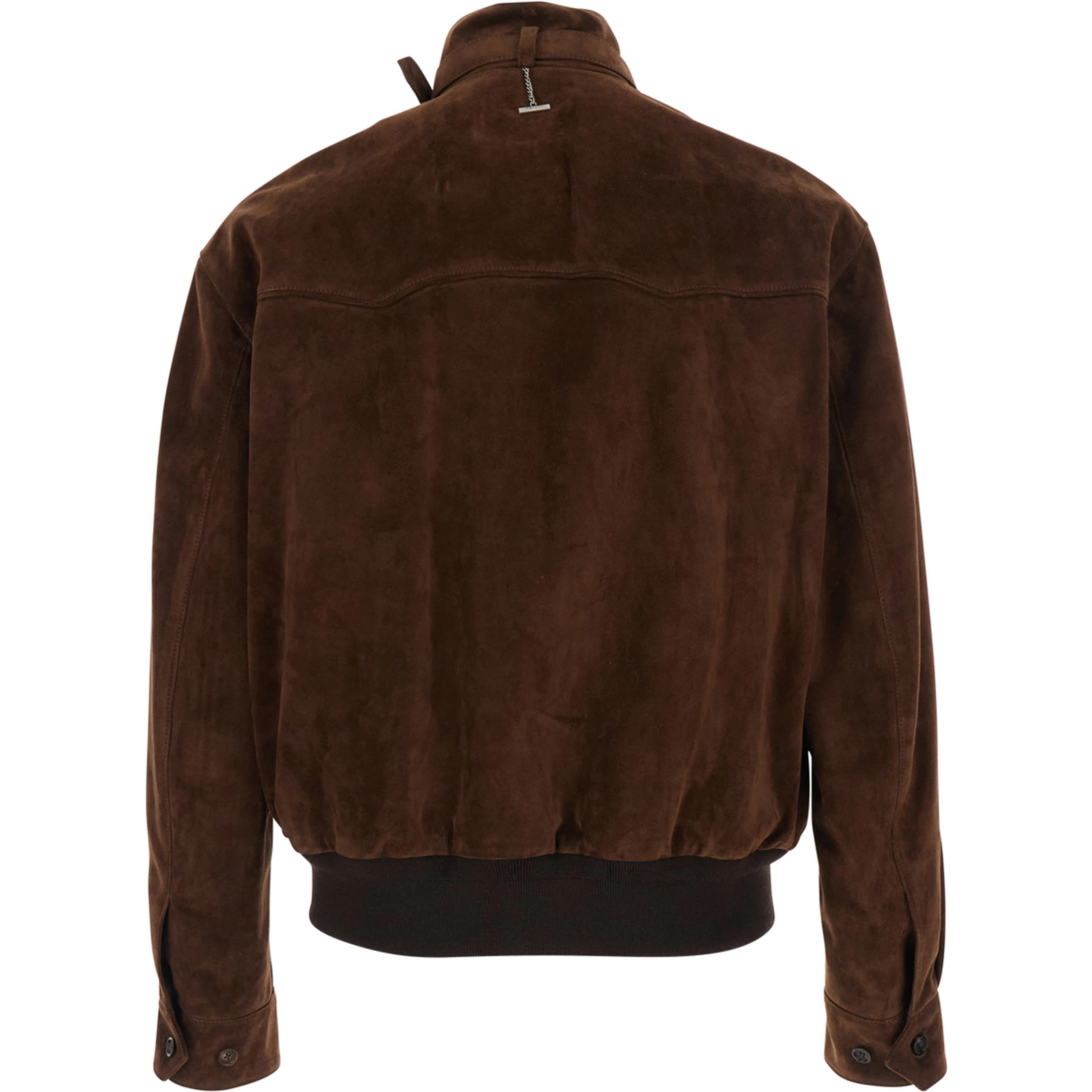Brown Suede Jacket with Collar, Strap and T Detail on the Back for Men