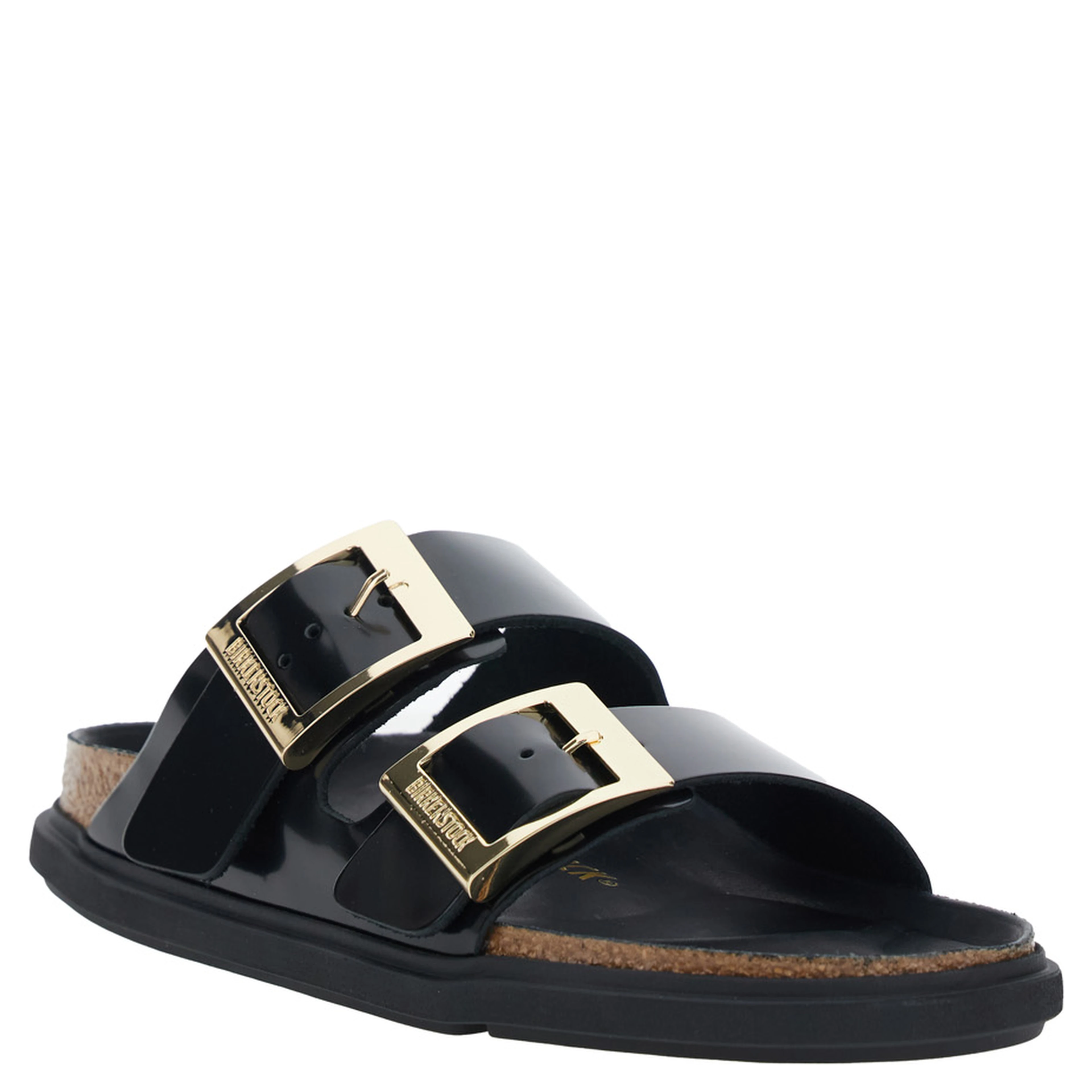 Black Arizona Sandals with Rounded Toe and Buckle Closure in Leather for Women