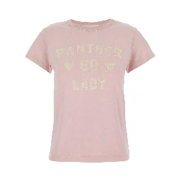 Crew Neck T-Shirt with Maxi Logo on Front and Back in Pink Cotton Jersey for Women