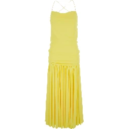 Yellow Dress with Straight Neckline and Gathered Waist in Tech Fabric for Women