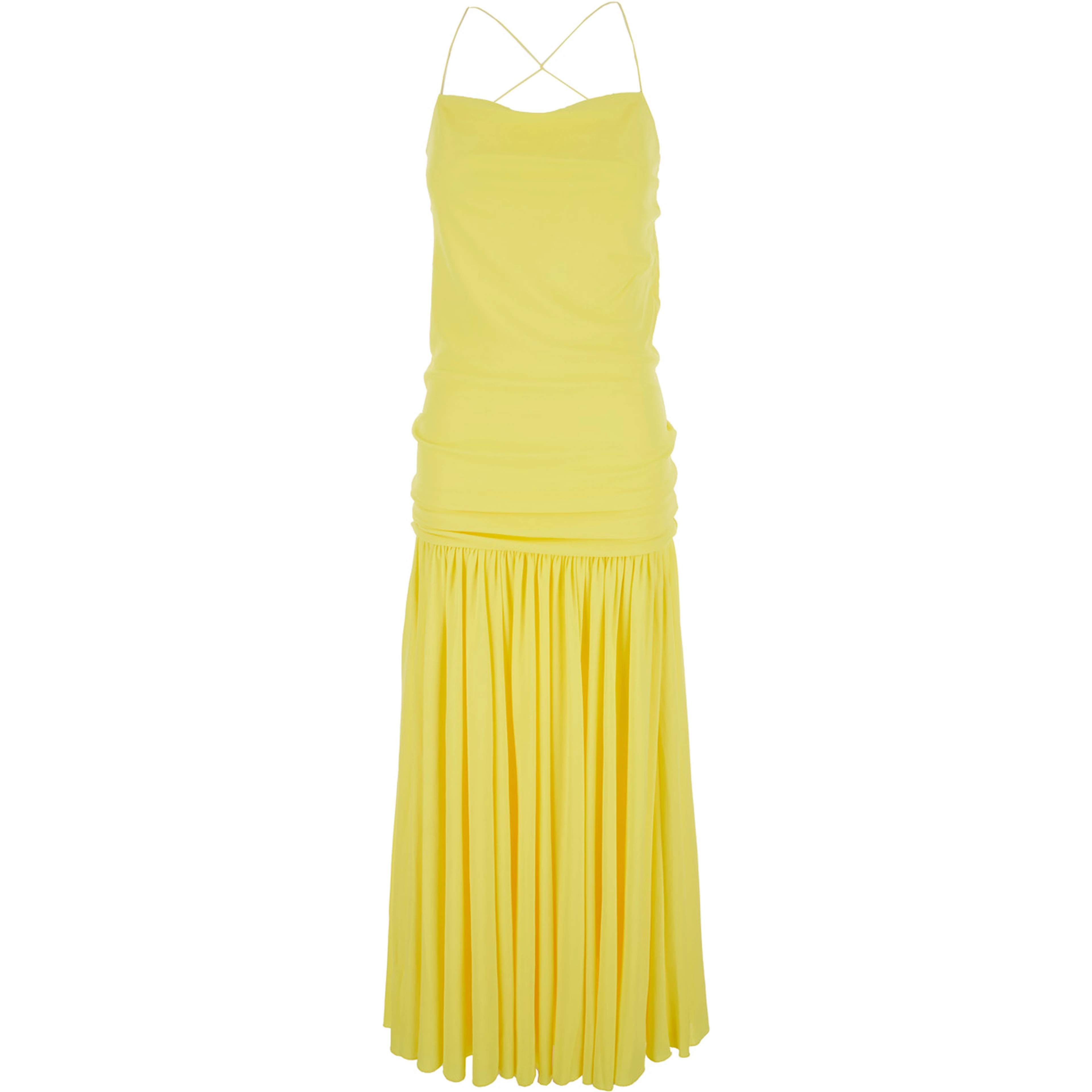 Yellow Dress with Straight Neckline and Gathered Waist in Tech Fabric for Women