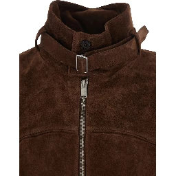 Brown Suede Jacket with Collar, Strap and T Detail on the Back for Men