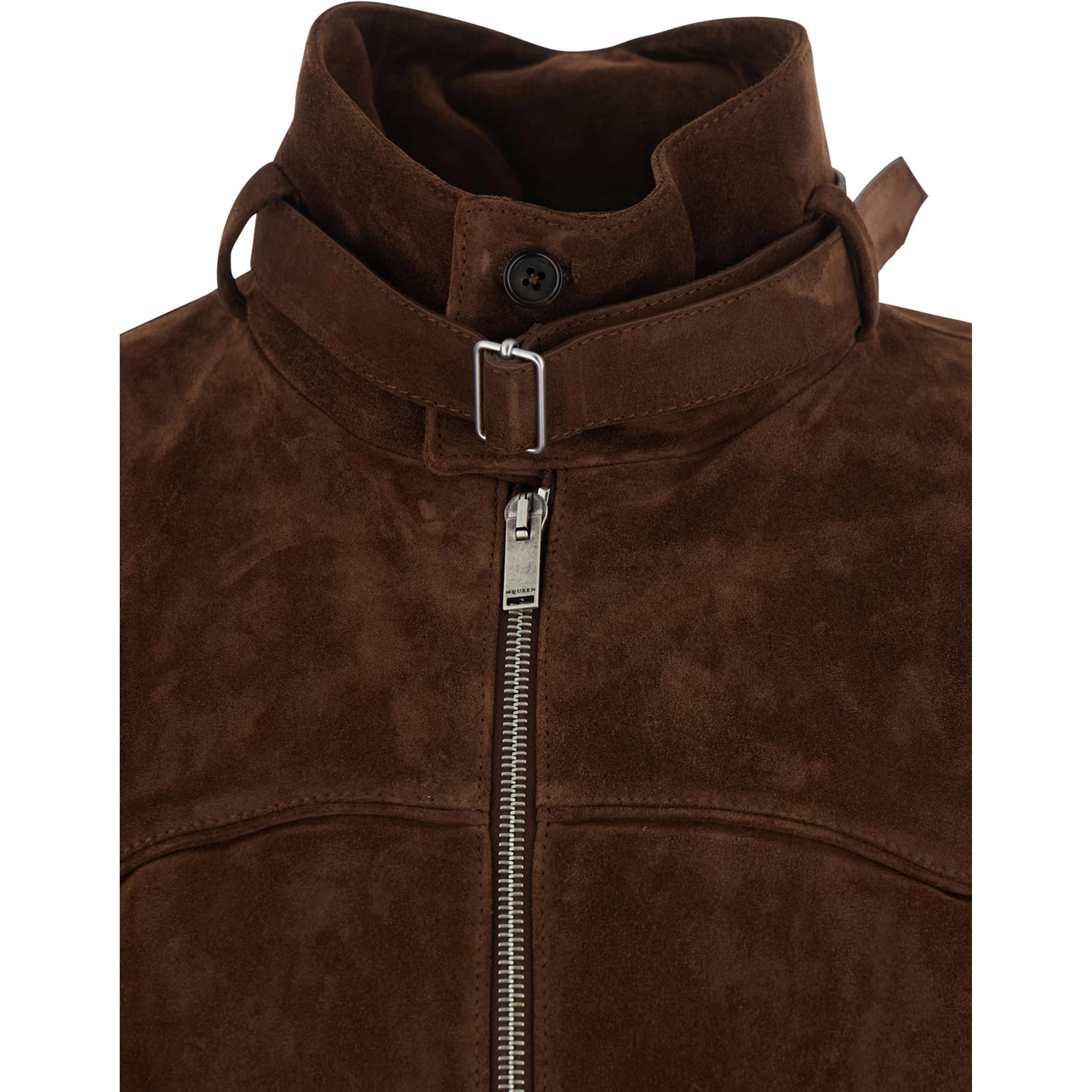 Brown Suede Jacket with Collar, Strap and T Detail on the Back for Men
