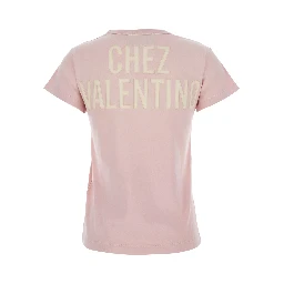 Crew Neck T-Shirt with Maxi Logo on Front and Back in Pink Cotton Jersey for Women