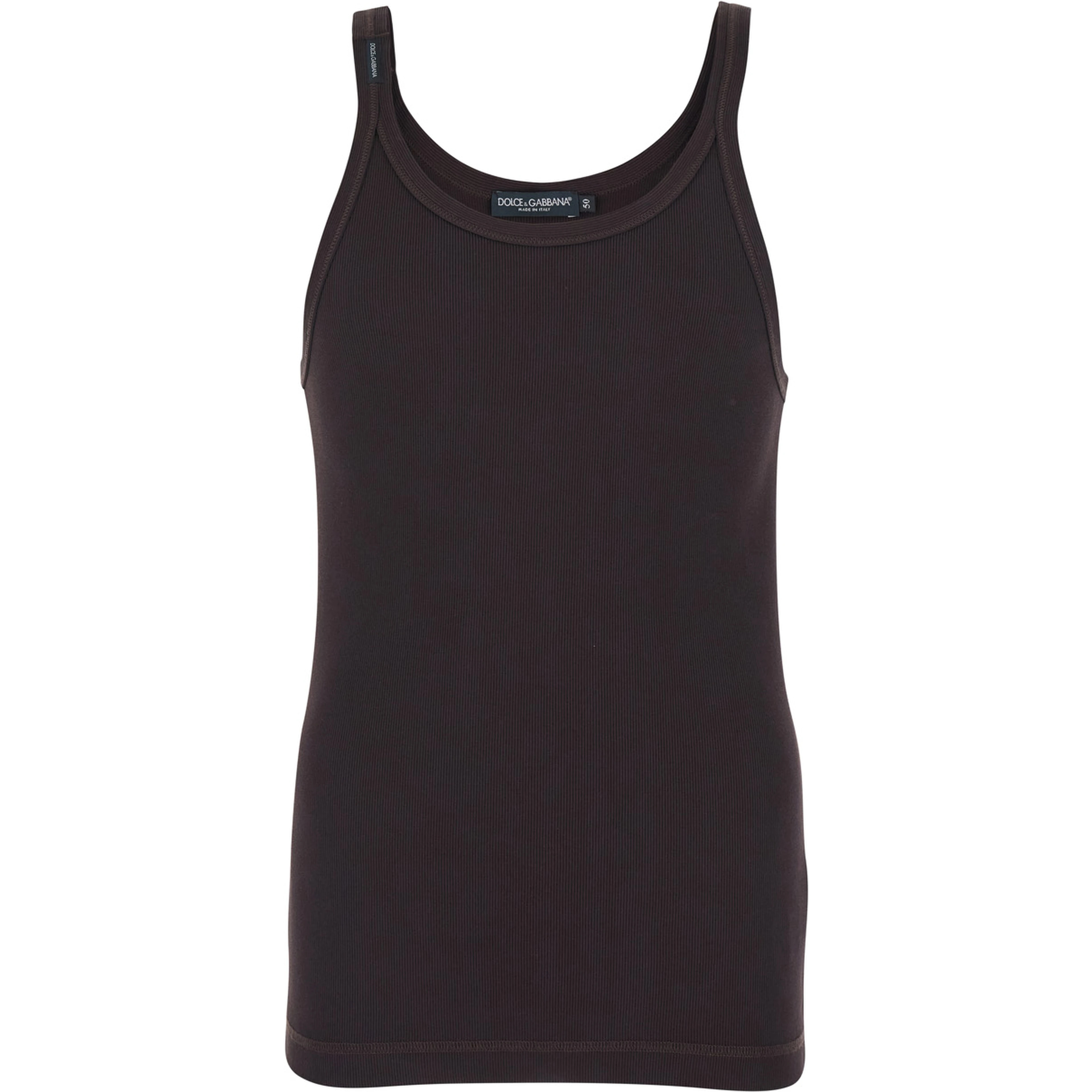 Brown Ribbed Crew Neck Top in Cotton for Men