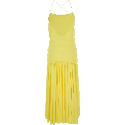 Yellow Dress with Straight Neckline and Gathered Waist in Tech Fabric for Women