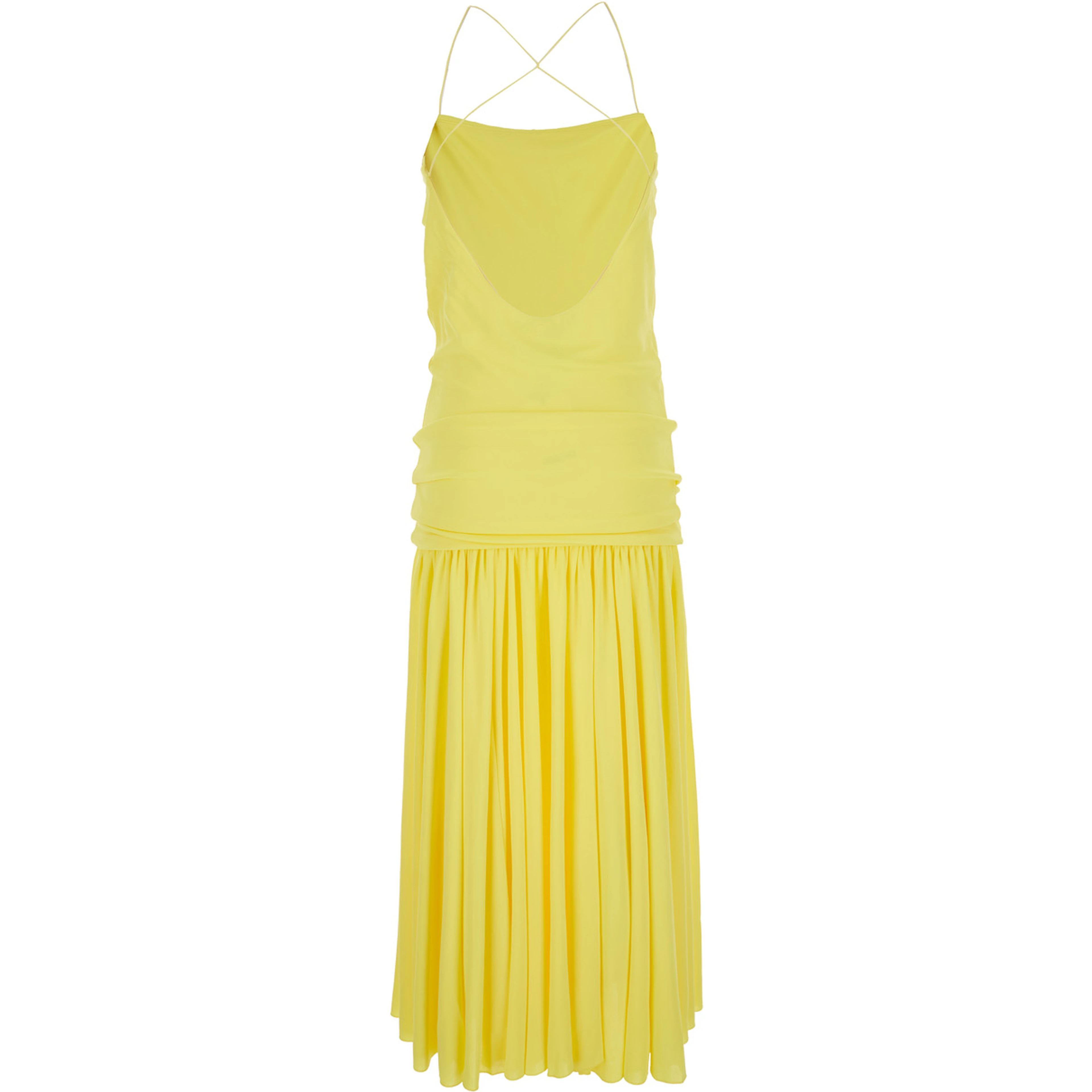 Yellow Dress with Straight Neckline and Gathered Waist in Tech Fabric for Women