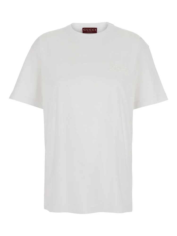 White Crew Neck T-Shirt with Tone-on-Tone Horsebit Embroidery on the Front in  Cotton Women