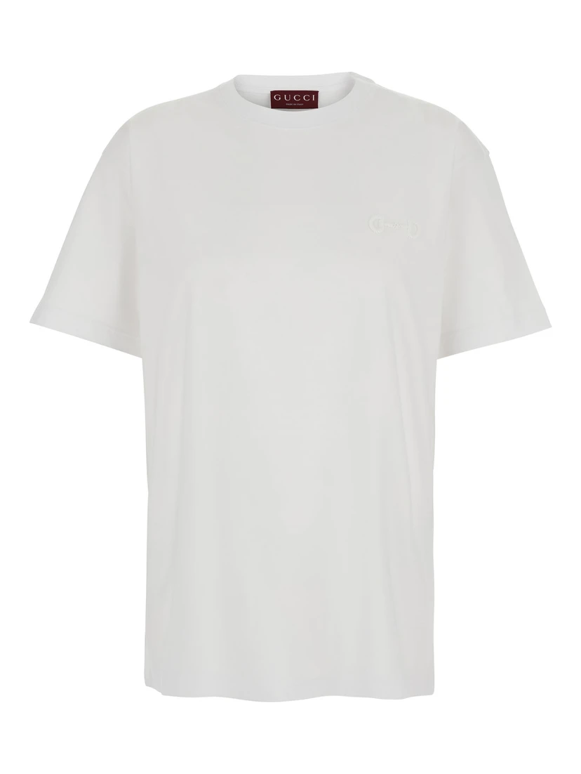 White Crew Neck T-Shirt with Tone-on-Tone Horsebit Embroidery on the Front in  Cotton Women