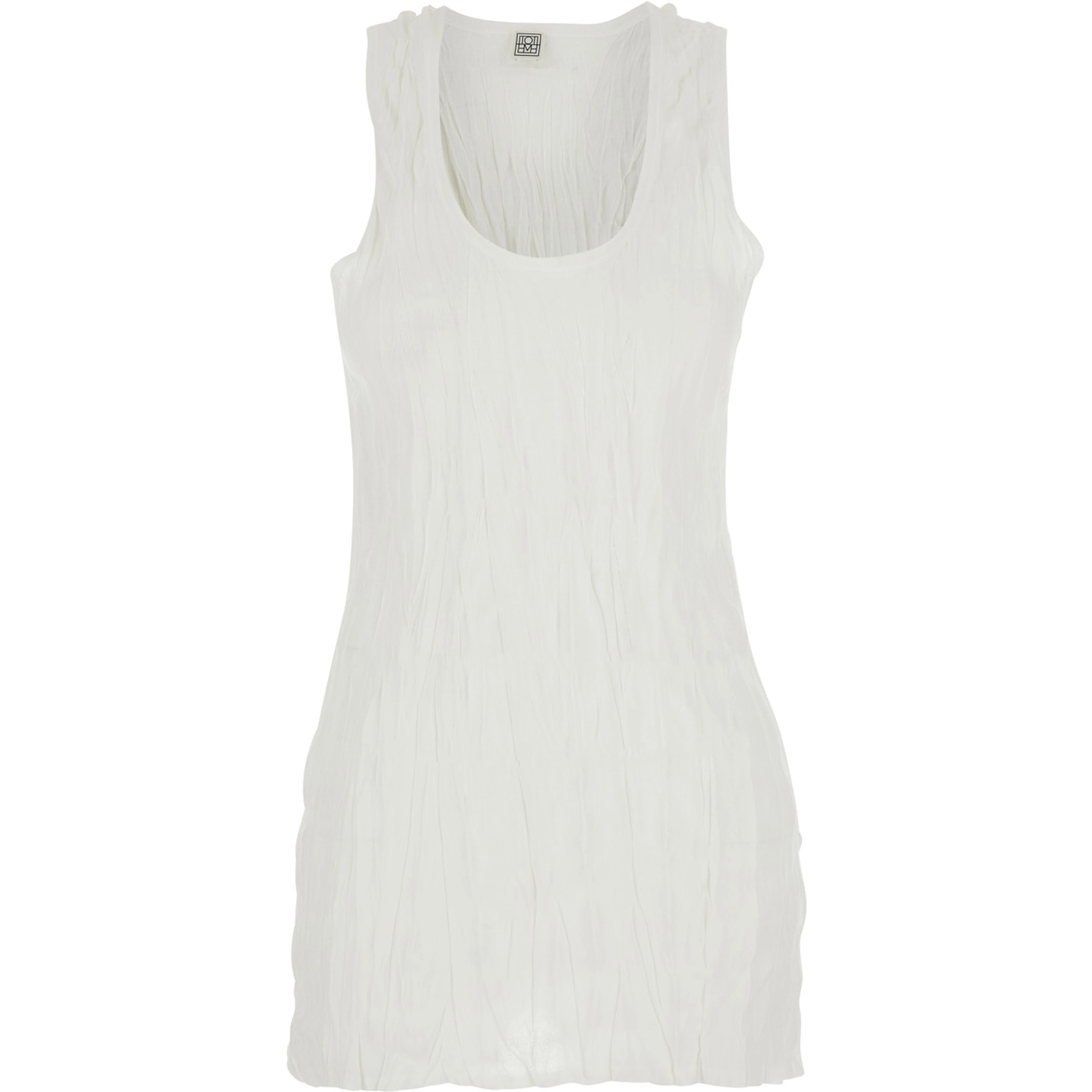 White Sleeveless top with round neckline and crinkled design in viscose for women