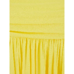 Yellow Dress with Straight Neckline and Gathered Waist in Tech Fabric for Women